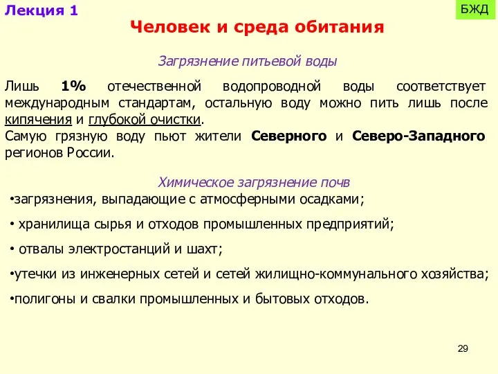 Лекция 1 БЖД Человек и среда обитания Загрязнение питьевой воды Лишь