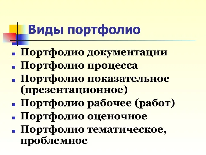 Виды портфолио Портфолио документации Портфолио процесса Портфолио показательное (презентационное) Портфолио рабочее