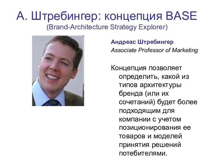 А. Штребингер: концепция BASE (Brand-Architecture Strategy Explorer) Андреас Штребингер Associate Professor