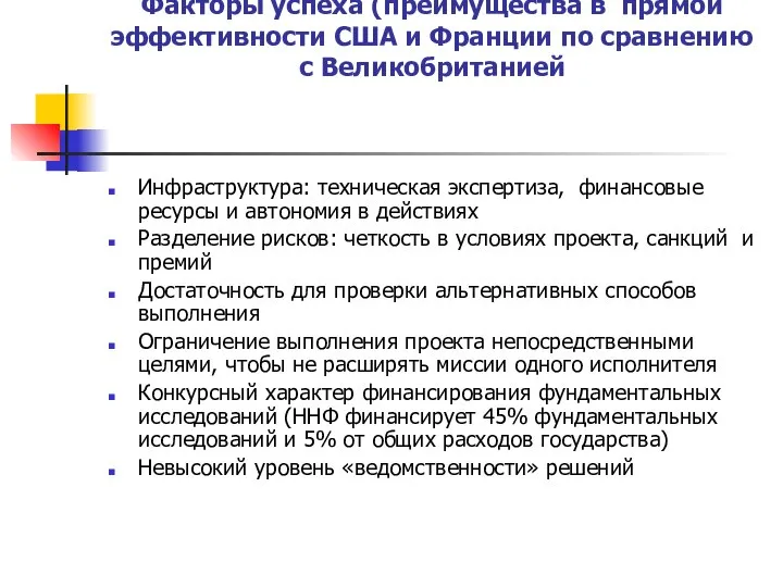 Факторы успеха (преимущества в прямой эффективности США и Франции по сравнению