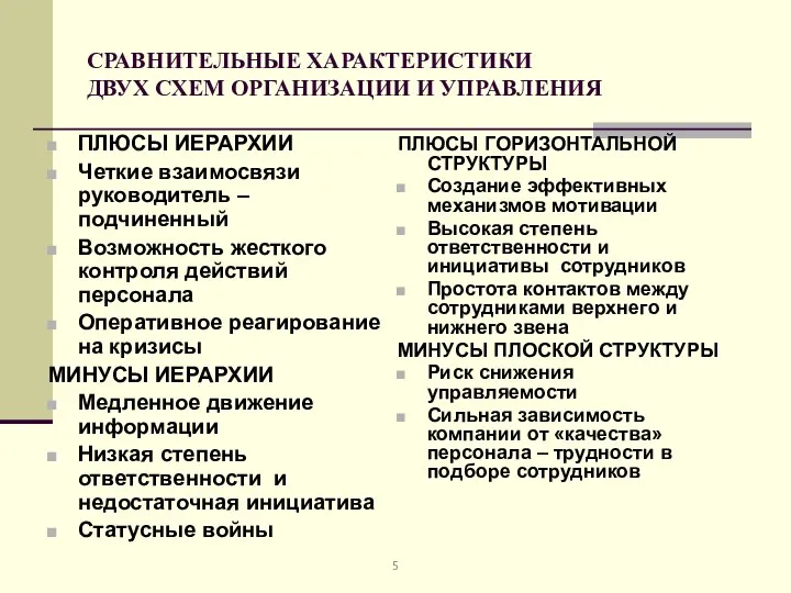 СРАВНИТЕЛЬНЫЕ ХАРАКТЕРИСТИКИ ДВУХ СХЕМ ОРГАНИЗАЦИИ И УПРАВЛЕНИЯ ПЛЮСЫ ИЕРАРХИИ Четкие взаимосвязи