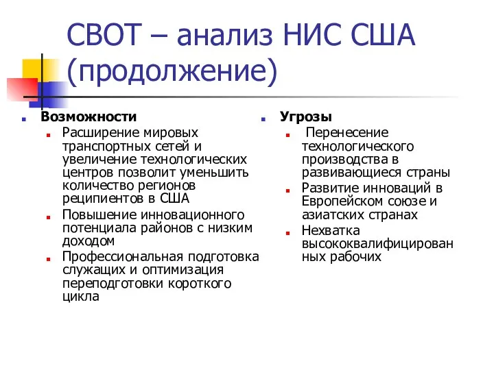 СВОТ – анализ НИС США (продолжение) Возможности Расширение мировых транспортных сетей