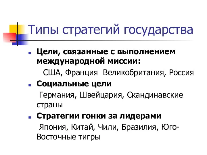 Типы стратегий государства Цели, связанные с выполнением международной миссии: США, Франция