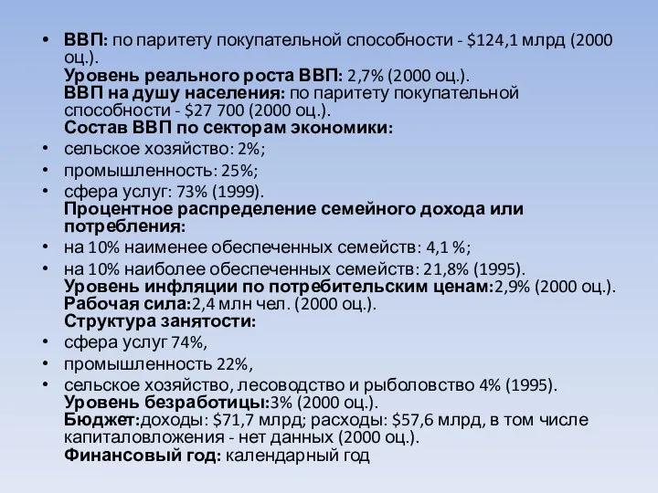 ВВП: по паритету покупательной способности - $124,1 млрд (2000 оц.). Уровень