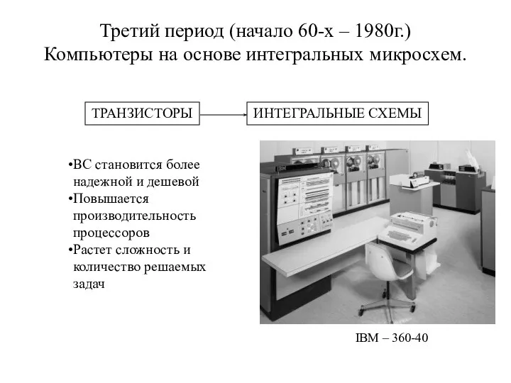 Третий период (начало 60-х – 1980г.) Компьютеры на основе интегральных микросхем.