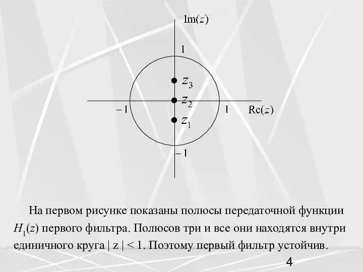 На первом рисунке показаны полюсы передаточной функции H1(z) первого фильтра. Полюсов