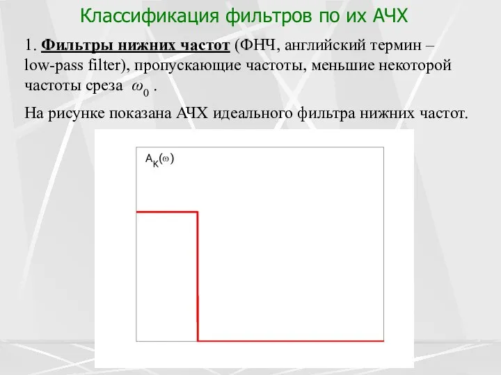 Классификация фильтров по их АЧХ 1. Фильтры нижних частот (ФНЧ, английский