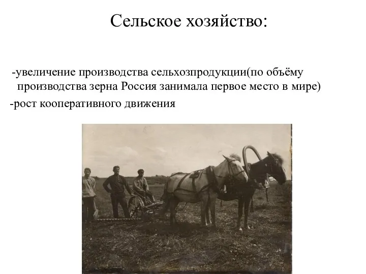 Сельское хозяйство: -увеличение производства сельхозпродукции(по объёму производства зерна Россия занимала первое