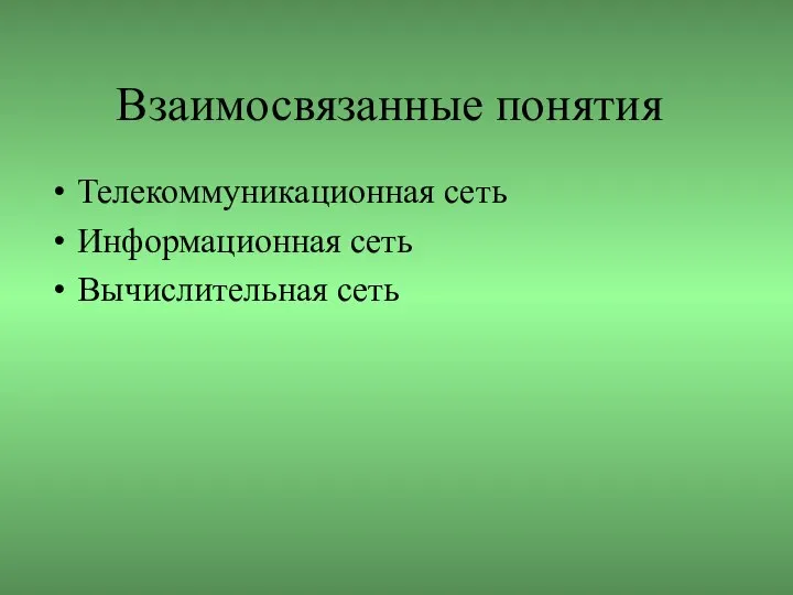 Взаимосвязанные понятия Телекоммуникационная сеть Информационная сеть Вычислительная сеть