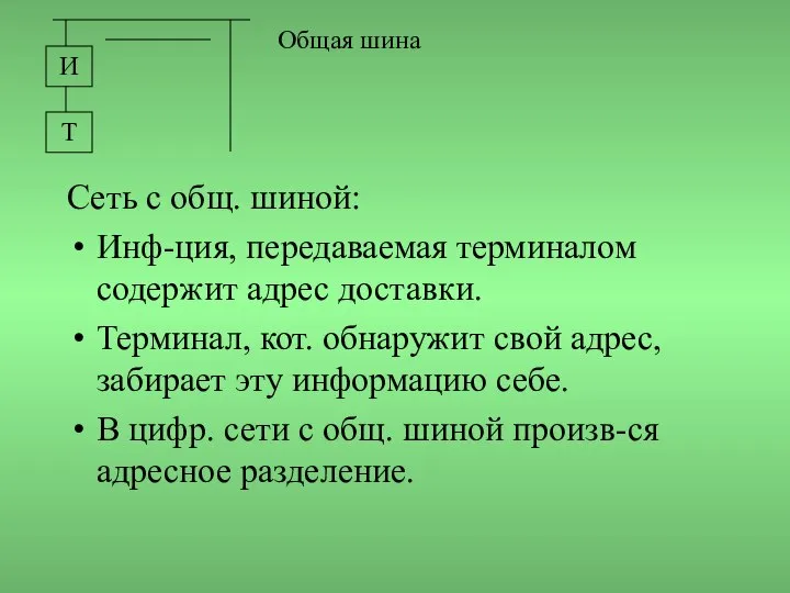 Сеть с общ. шиной: Инф-ция, передаваемая терминалом содержит адрес доставки. Терминал,