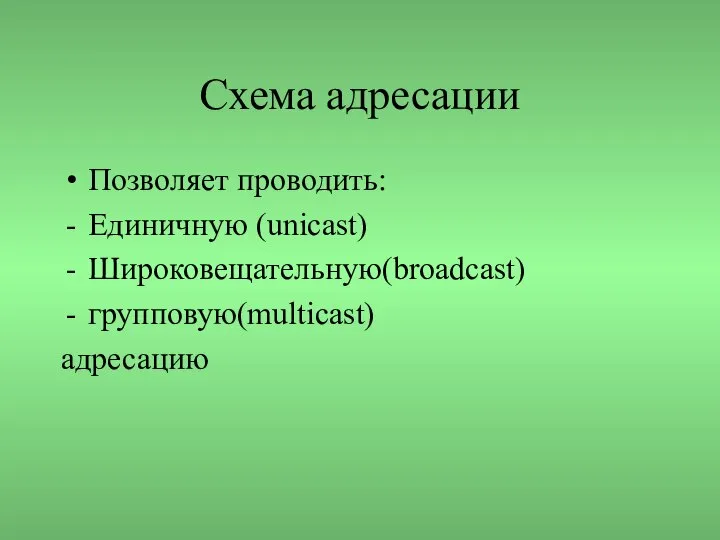 Схема адресации Позволяет проводить: Единичную (unicast) Широковещательную(broadcast) групповую(multicast) адресацию