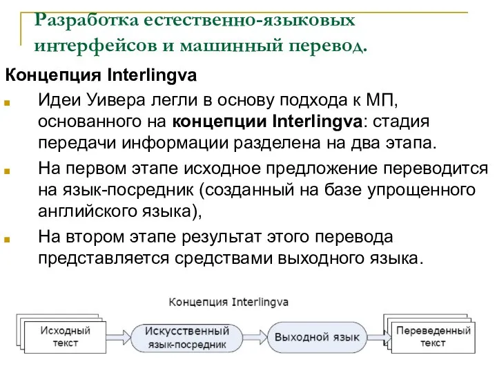 Разработка естественно-языковых интерфейсов и машинный перевод. Концепция Interlingva Идеи Уивера легли