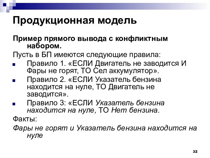 Продукционная модель Пример прямого вывода с конфликтным набором. Пусть в БП