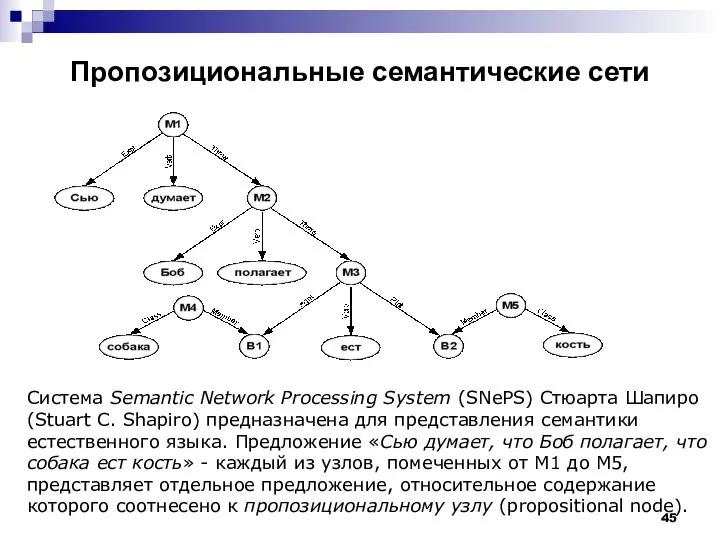 Пропозициональные семантические сети Система Semantic Network Processing System (SNePS) Стюарта Шапиро