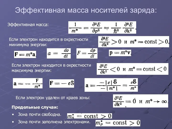 Эффективная масса носителей заряда: Эффективная масса: Если электрон находится в окрестности