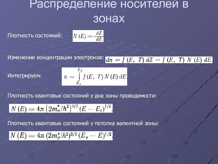 Распределение носителей в зонах Плотность квантовых состояний у дна зоны проводимости: