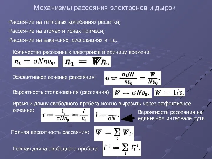 Механизмы рассеяния электронов и дырок Рассеяние на тепловых колебаниях решетки; Рассеяние