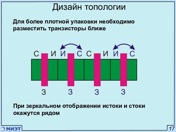 17 Дизайн топологии Для более плотной упаковки необходимо разместить транзисторы ближе