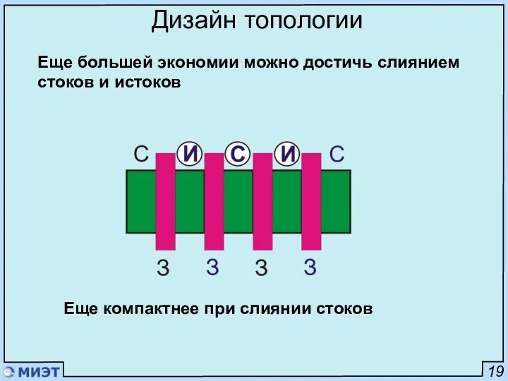 19 Дизайн топологии Еще большей экономии можно достичь слиянием стоков и