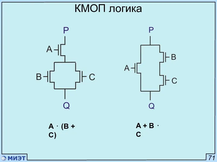 71 КМОП логика A ⋅ (B + C) A + B ⋅ C