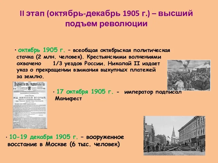 II этап (октябрь-декабрь 1905 г.) – высший подъем революции октябрь 1905