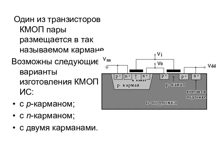 Один из транзисторов КМОП пары размещается в так называемом кармане. Возможны