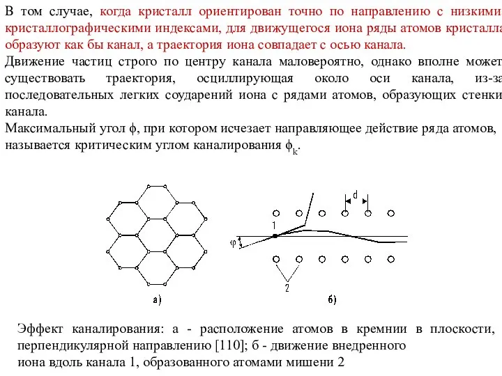 Эффект каналирования: а - расположение атомов в кремнии в плоскости, перпендикулярной