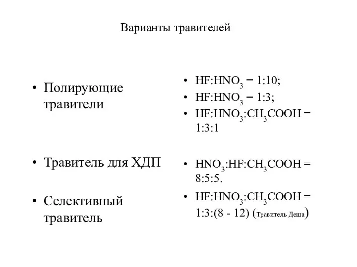 Варианты травителей Полирующие травители Травитель для ХДП Селективный травитель HF:HNO3 =