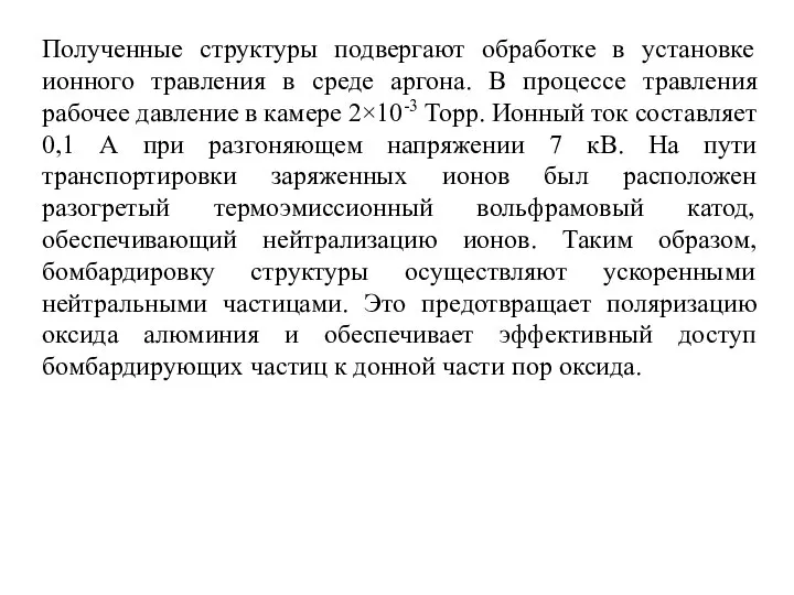 Полученные структуры подвергают обработке в установке ионного травления в среде аргона.