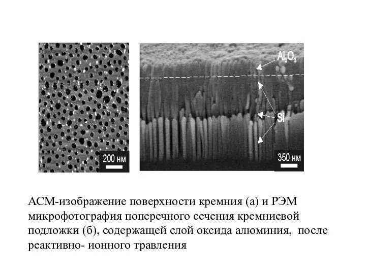 АСМ-изображение поверхности кремния (а) и РЭМ микрофотография поперечного сечения кремниевой подложки