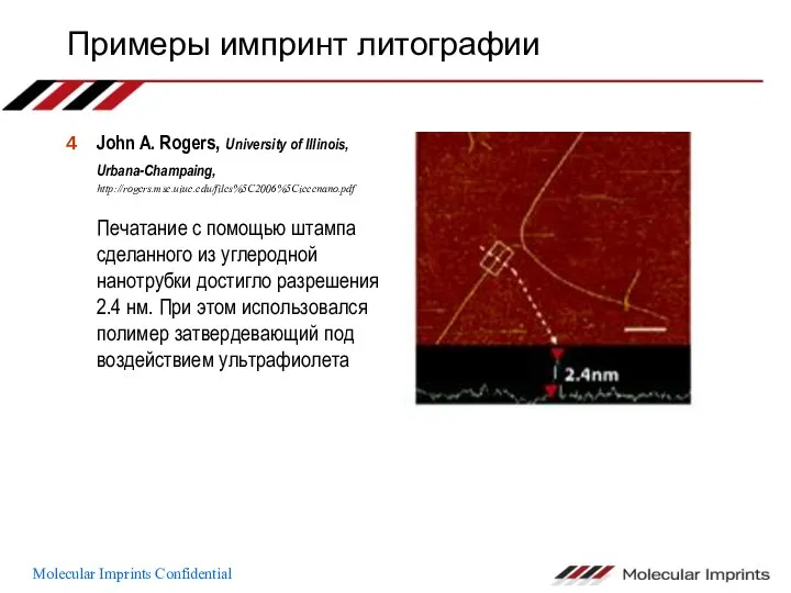 Примеры импринт литографии John A. Rogers, University of Illinois, Urbana-Champaing, http://rogers.mse.uiuc.edu/files%5C2006%5Cieeenano.pdf