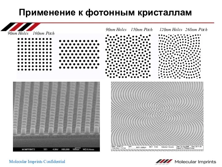 Применение к фотонным кристаллам 90nm Holes 160nm Pitch 90nm Holes 150nm Pitch 120nm Holes 268nm Pitch