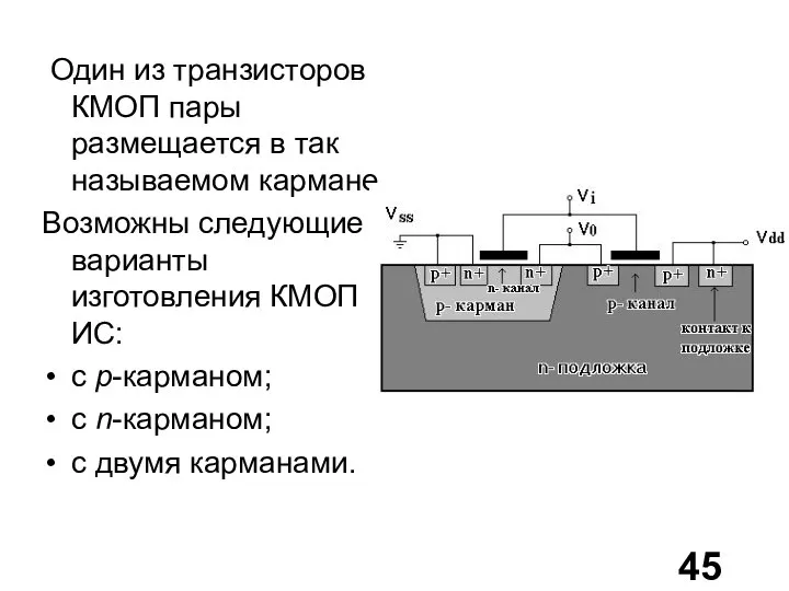 Один из транзисторов КМОП пары размещается в так называемом кармане. Возможны