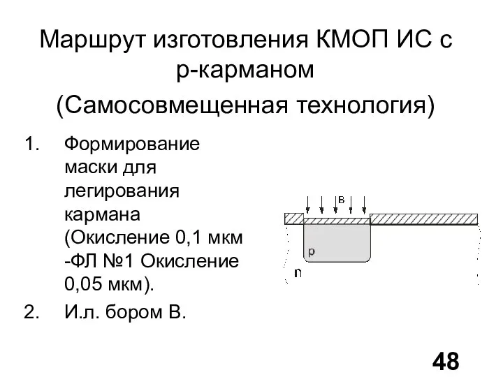 Маршрут изготовления КМОП ИС с p-карманом (Самосовмещенная технология) Формирование маски для