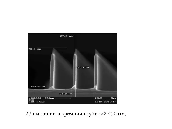 27 нм линии в кремнии глубиной 450 нм.