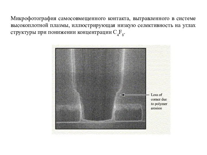 Микрофотография самосовмещенного контакта, вытравленного в системе высокоплотной плазмы, иллюстрирующая низкую селективность