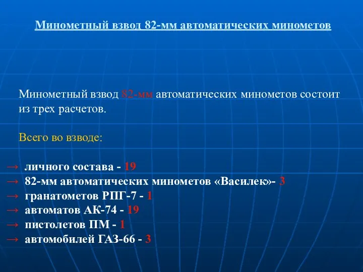 Минометный взвод 82-мм автоматических минометов Минометный взвод 82-мм автоматических минометов состоит