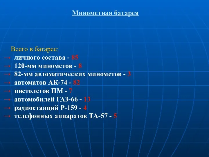 Минометная батарея Всего в батарее: личного состава - 85 120-мм минометов