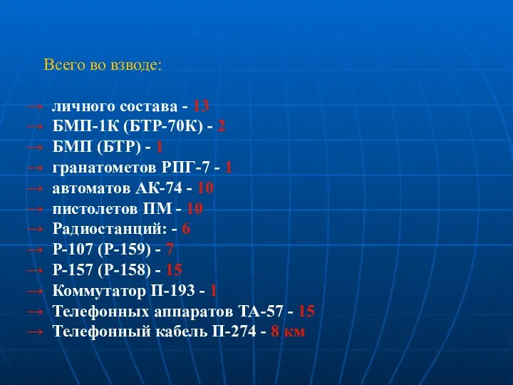 Всего во взводе: личного состава - 13 БМП-1К (БТР-70К) - 2