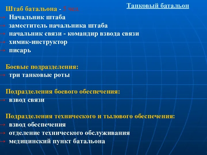 Танковый батальон Штаб батальона - 5 чел. Начальник штаба заместитель начальника