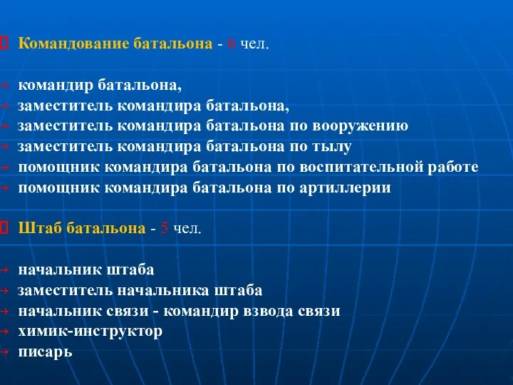 Командование батальона - 6 чел. командир батальона, заместитель командира батальона, замес­титель