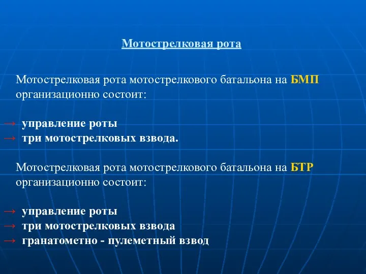 Мотострелковая рота Мотострелковая рота мотострелкового батальона на БМП органи­зационно состоит: управление