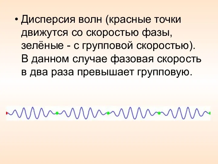 Дисперсия волн (красные точки движутся со скоростью фазы, зелёные - с