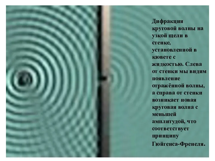 Дифракция круговой волны на узкой щели в стенке, установленной в кювете