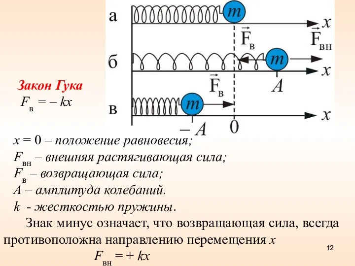 x = 0 – положение равновесия; Fвн – внешняя растягивающая сила;