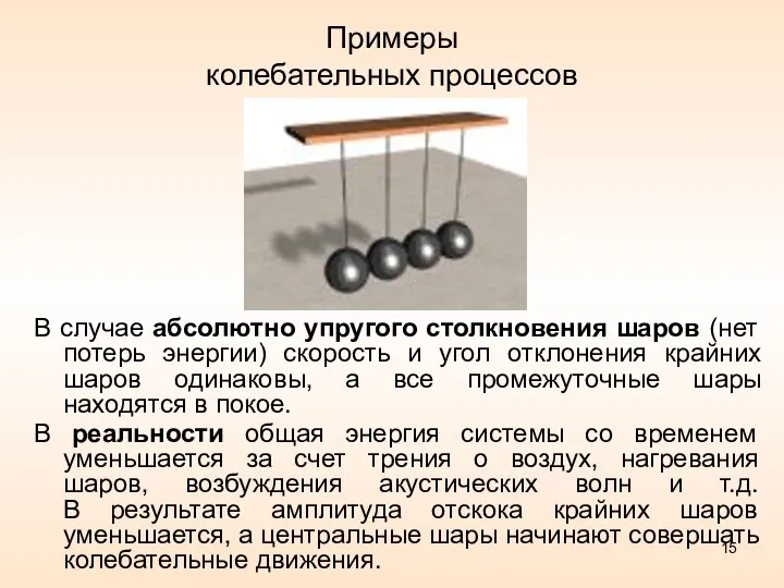 Примеры колебательных процессов В случае абсолютно упругого столкновения шаров (нет потерь