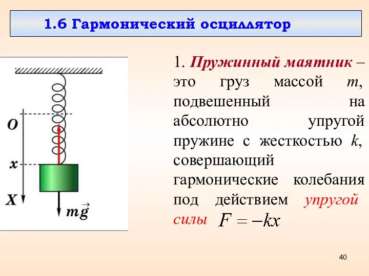 1.6 Гармонический осциллятор 1. Пружинный маятник – это груз массой m,