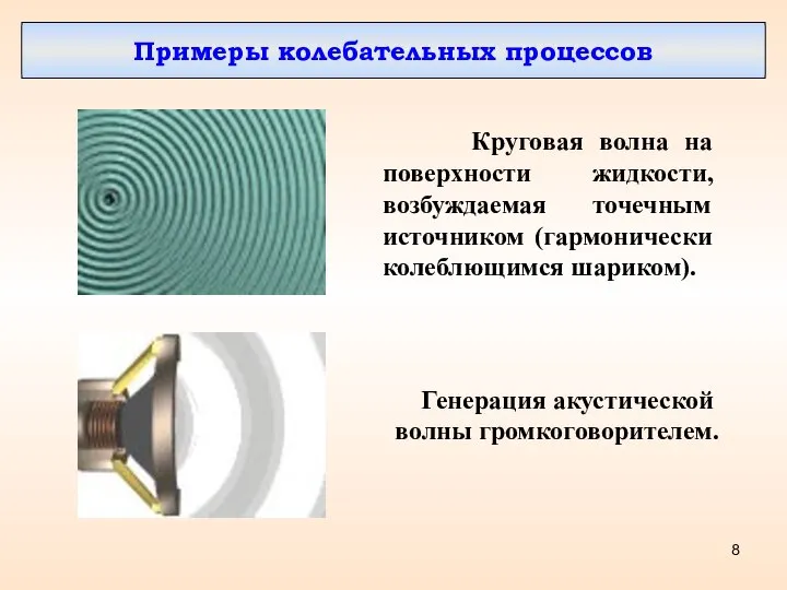 Примеры колебательных процессов Круговая волна на поверхности жидкости, возбуждаемая точечным источником