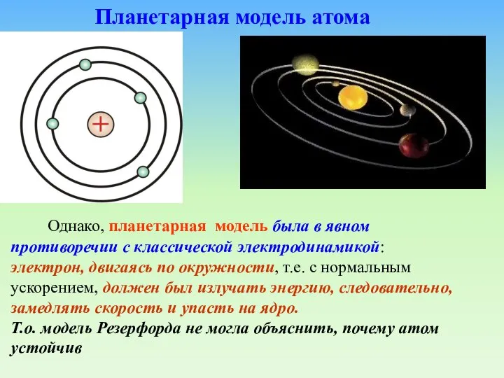 Однако, планетарная модель была в явном противоречии с классической электродинамикой: электрон,