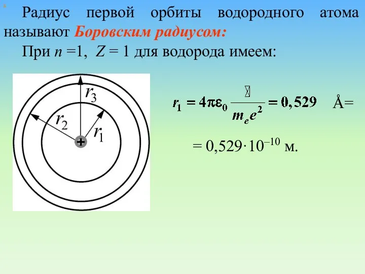 Радиус первой орбиты водородного атома называют Боровским радиусом: При n =1,